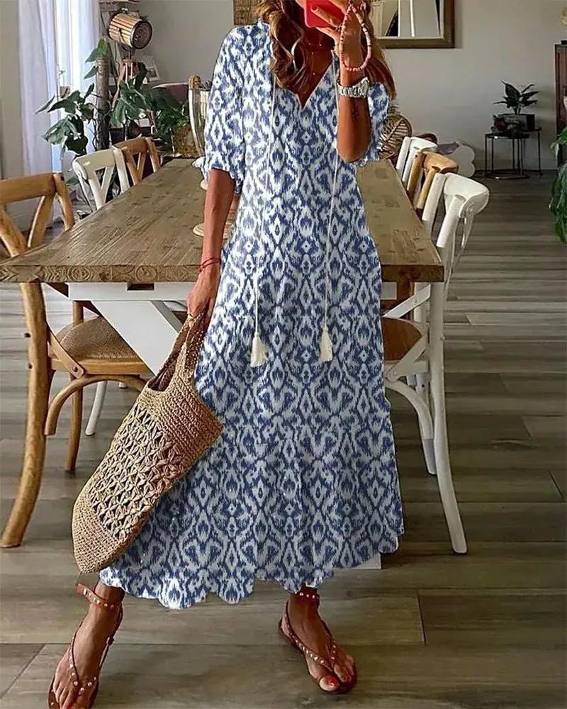 Women's Geometric Print Lantern Sleeve Dress – A-Line, V-Neck