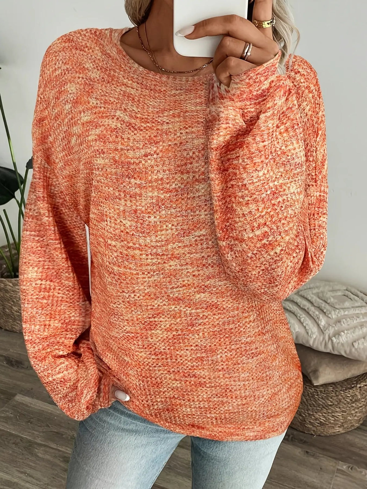Women's Relaxed Waffle-Knit Jumper Classic Pullover-Women's Sweaters-Bellmaren-Orange-Red-S-My Store