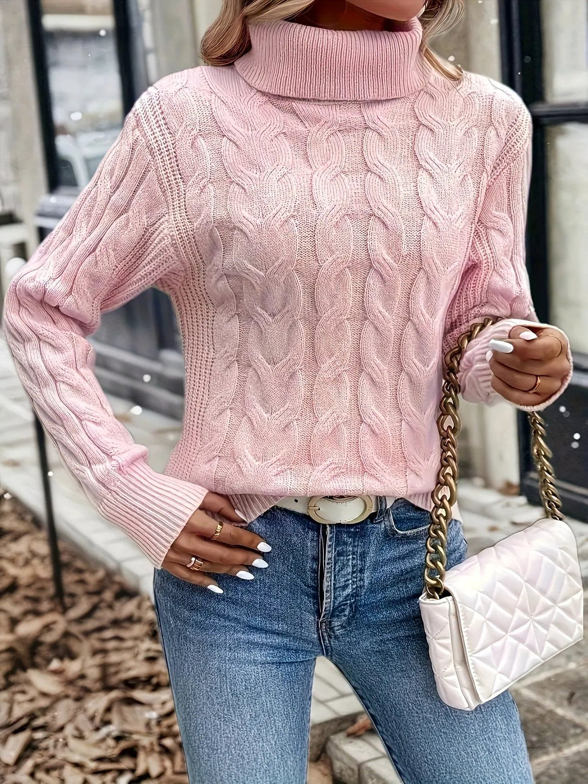 Women's Cable Knit Turtleneck Jumper in Relaxed Fit-Women's Sweaters-Bellmaren-Red-S-My Store
