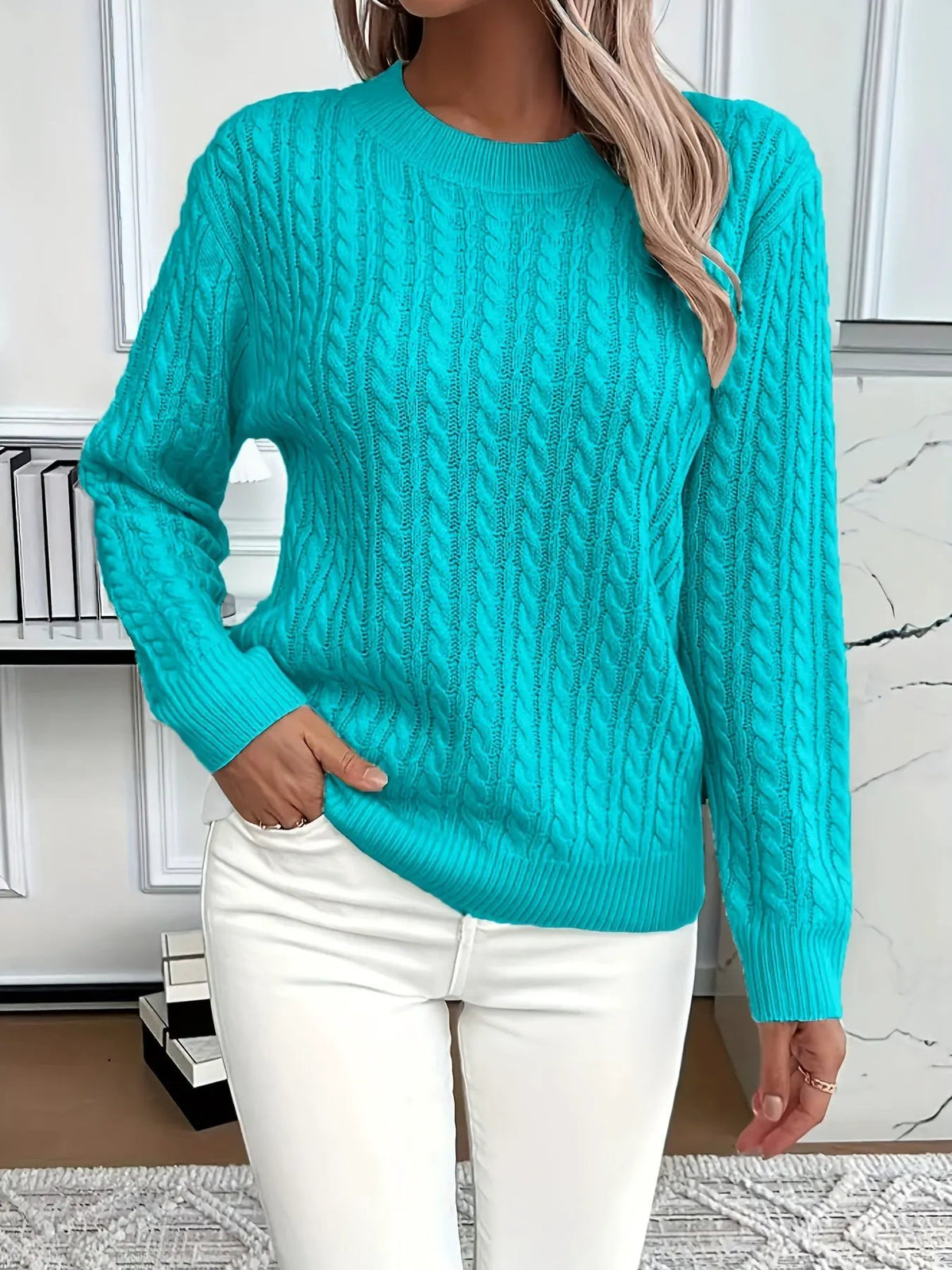 Women's Cable Knit Round Neck Jumper Relaxed Silhouette-Women's Sweaters-Bellmaren-Light Green-S-My Store