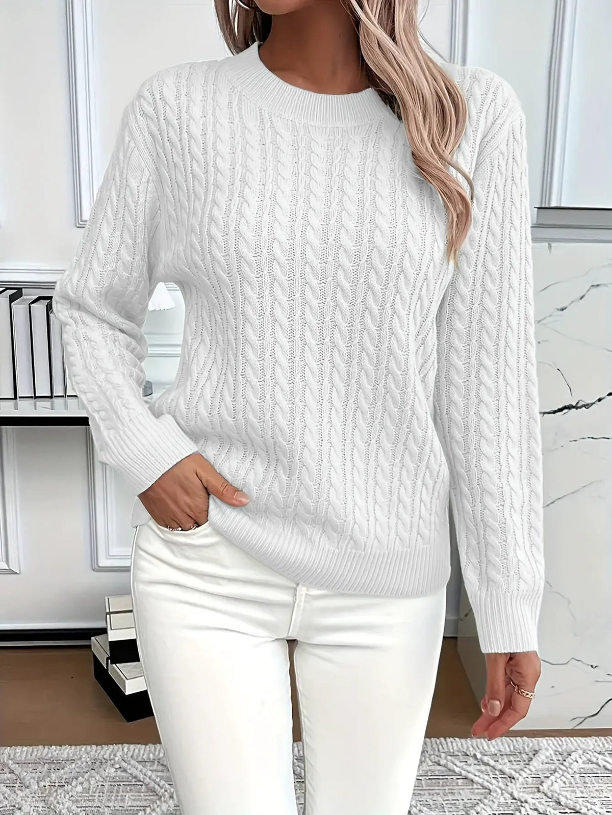 Women's Cable Knit Round Neck Jumper Relaxed Silhouette-Women's Sweaters-Bellmaren-Light Green-S-My Store