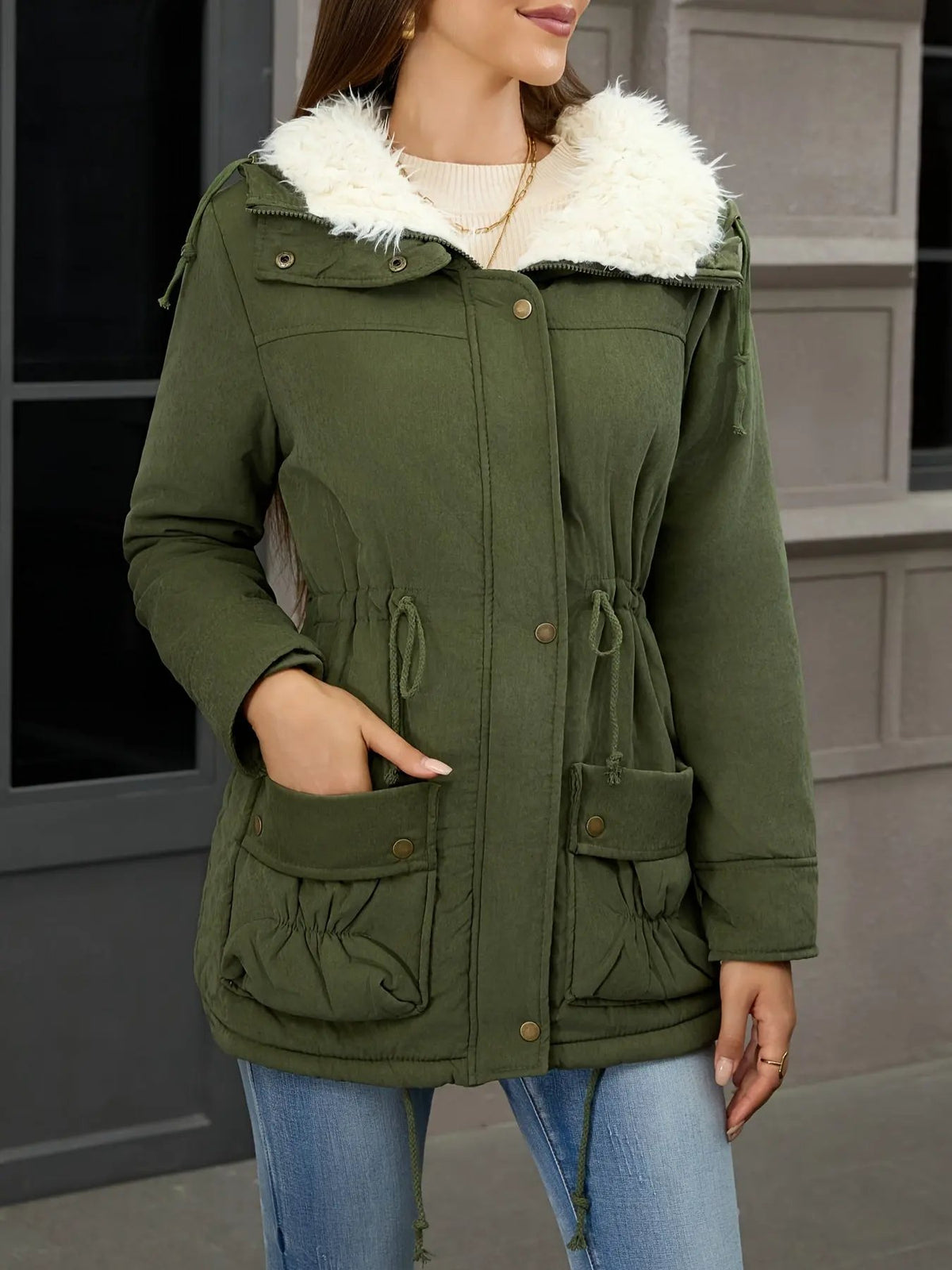 Women's Hooded Mid-Length Parka With Drawstring Waist-Women's Coats & Jackets-Bellmaren-Black-S-My Store