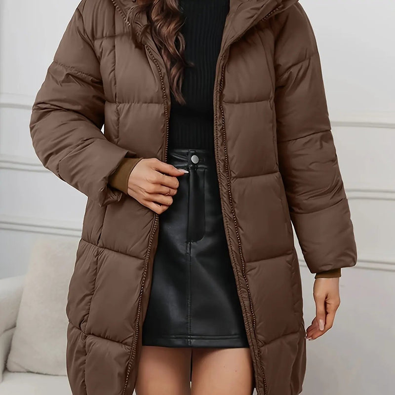Women's Hooded Longline Quilted Puffer Coat – Full Zip, Below Knee