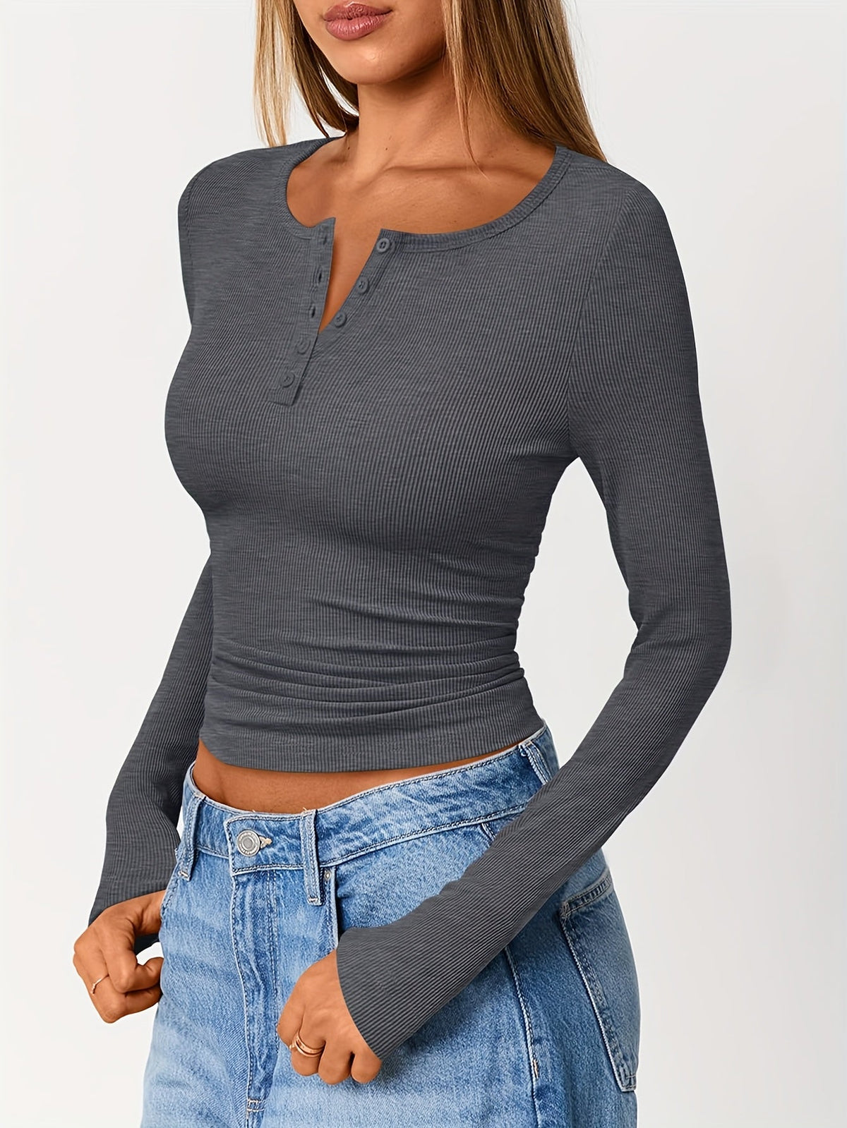 Women's Fitted Ribbed Long Sleeve Henley Top-Women's Shirts-Bellmaren-Black-S-My Store