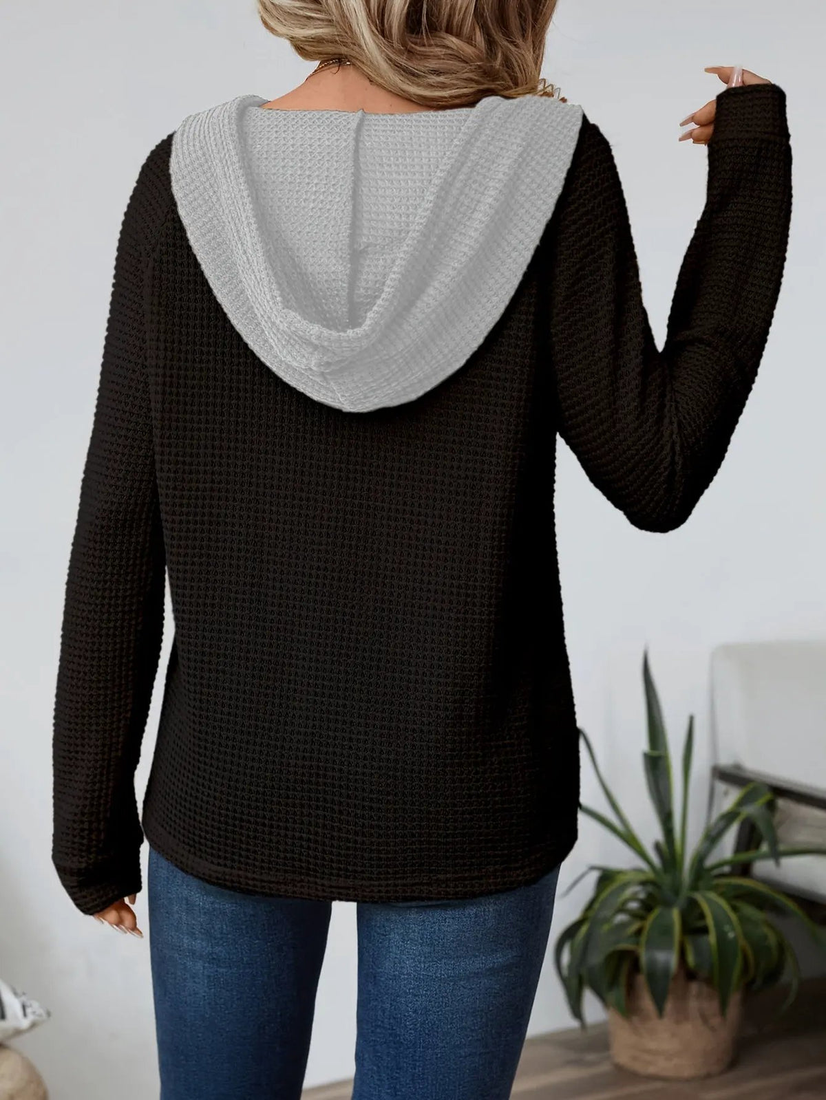 Women's Relaxed Waffle Hooded Top - Contrast Hood-Women's Hoodies-Bellmaren-Beige-S-My Store