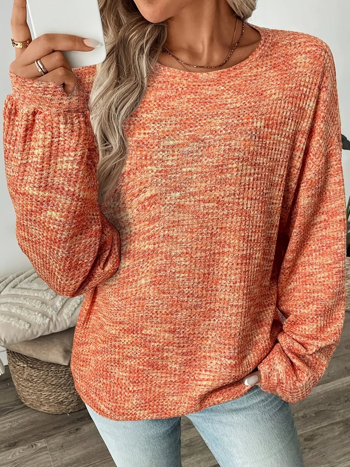 Women's Relaxed Waffle-Knit Jumper Classic Pullover-Women's Sweaters-Bellmaren-Orange-Red-S-My Store