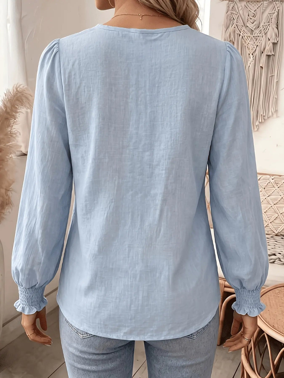 Women's Embroidered V-Neck Blouse with Lantern Sleeves by Bellmaren