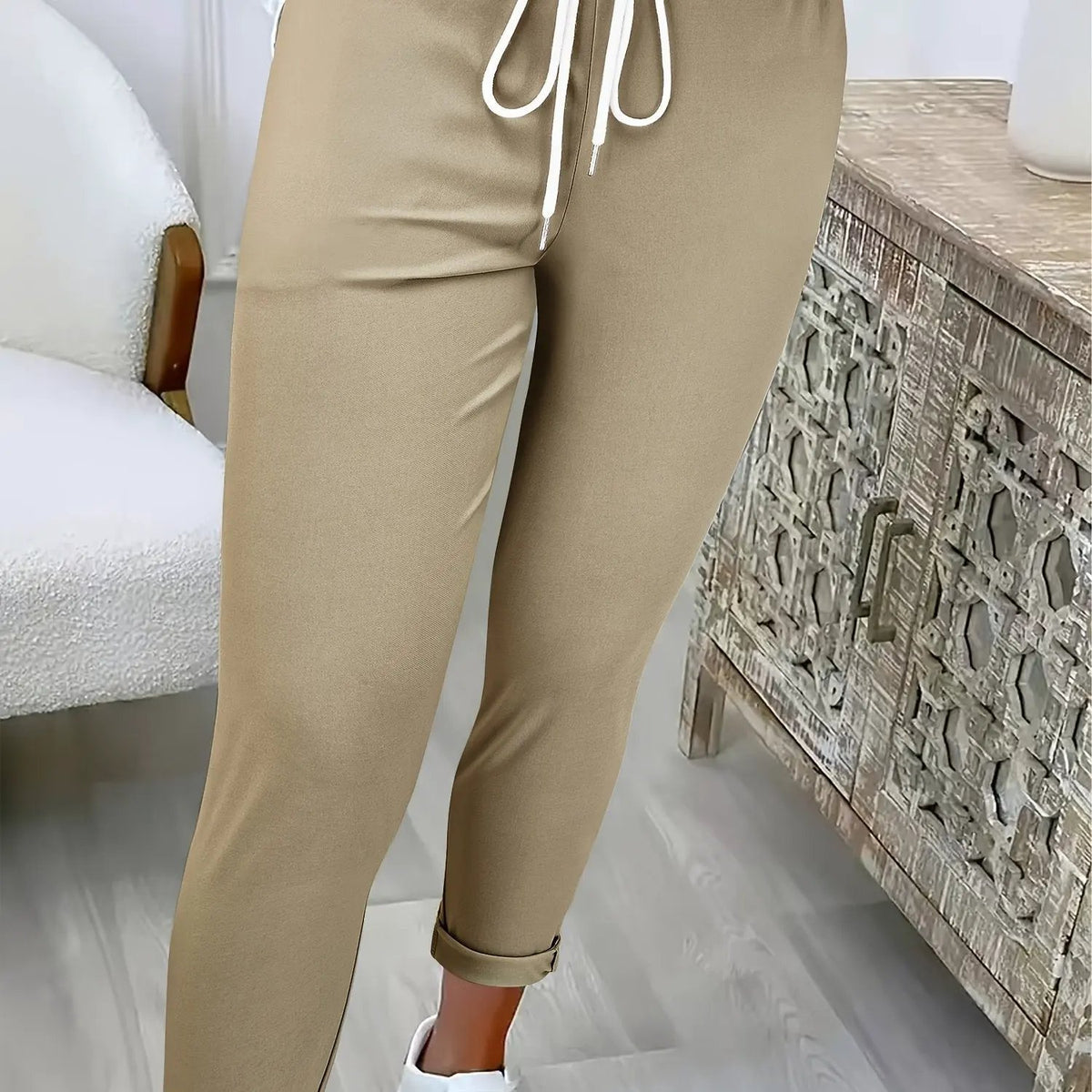 Women's Relaxed Drawstring Tapered Trousers-Women's Trousers-Bellmaren-Khaki-S-My Store