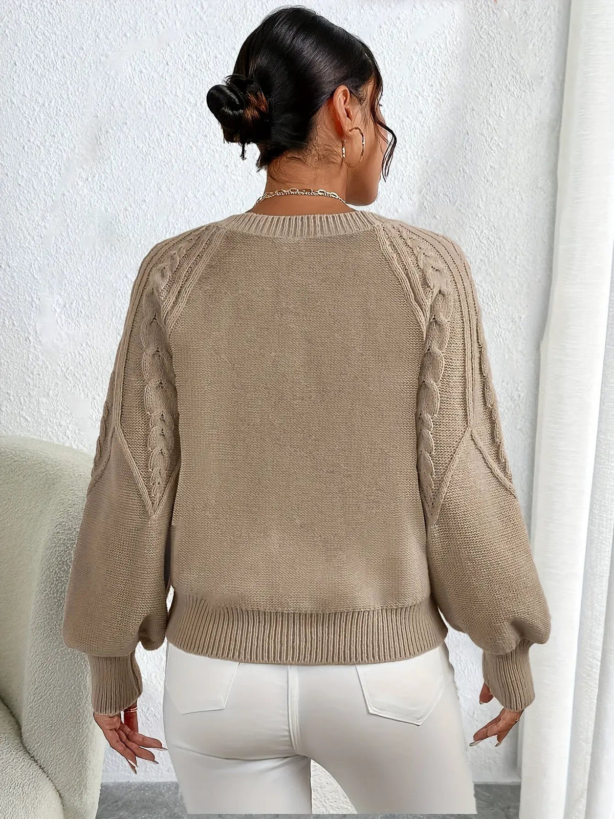Women's Classic Cable-Knit Lantern-Sleeve Pullover Jumper-Women's Sweaters-Bellmaren-Khaki-S-My Store