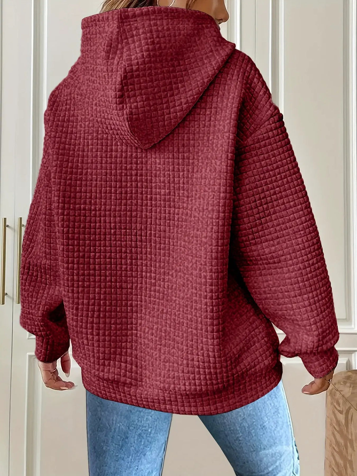 Women's Textured Hooded Top With Front Pouch-Women's Hoodies-Bellmaren-Burgundy-XL-My Store