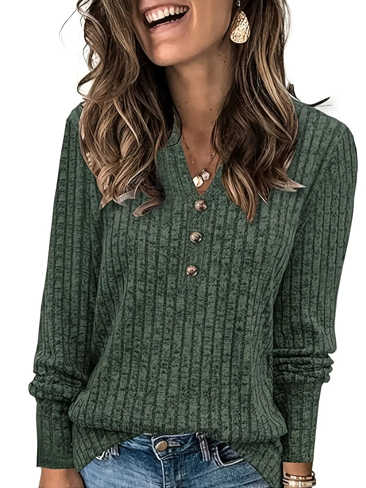 Women's Ribbed Button Neck Long Sleeve Top-Women's Sweaters-Bellmaren-Dark Green-S-My Store