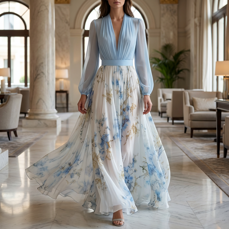 Women's Floral V-Neck Maxi Dress – Flowing Cotton Blend