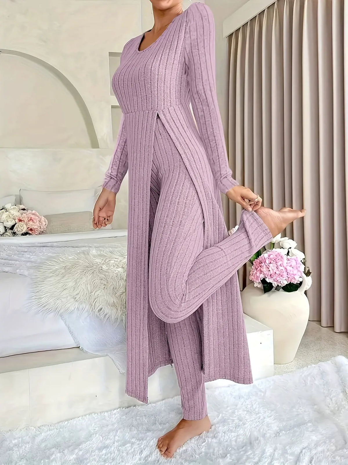 Women's Ribbed Loungewear Tunic and Wide Leg Trouser Set-Women's Loungewear Sets-Bellmaren-Sage-S-My Store