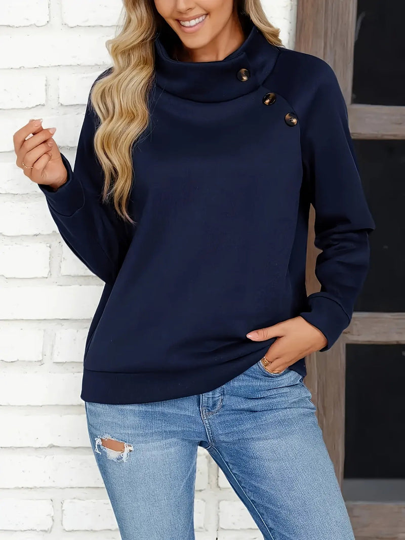 Women's Stand Collar Sweatshirt – Side Button Detail, Relaxed