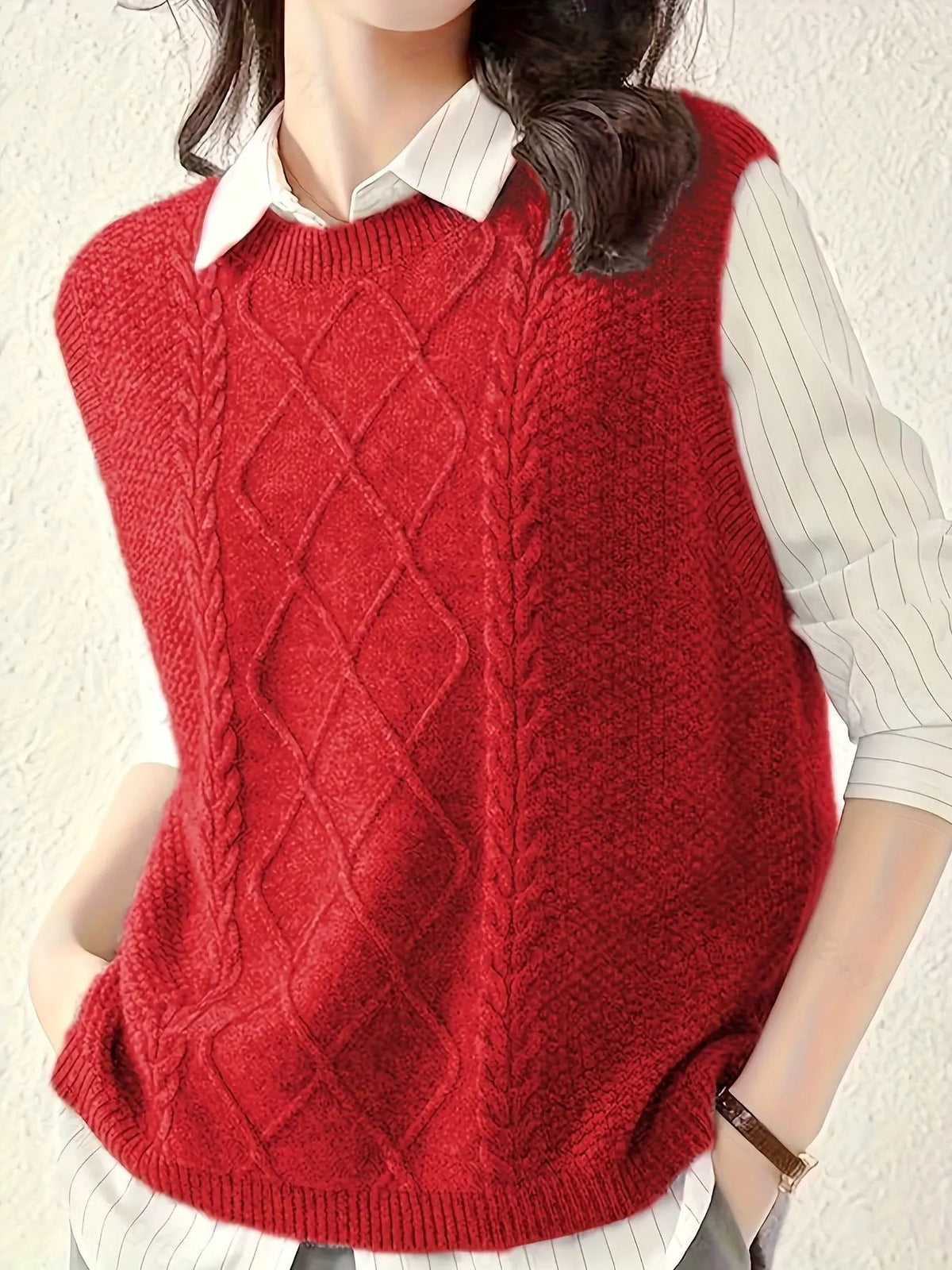 Women's Cable-Knit Sleeveless Vest / Collared Style-Women's Sweaters-Bellmaren-Yellowish-Brown-S-My Store