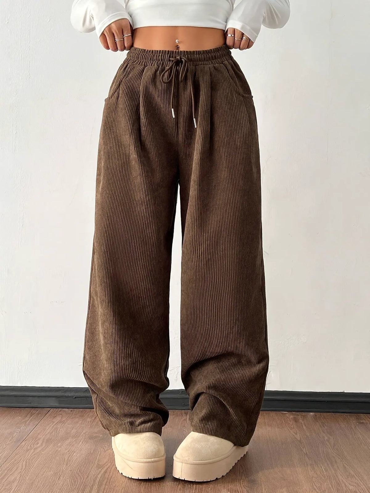 Women's Relaxed Wide-Leg Trousers - Drawstring Waist-Women's Trousers-Bellmaren-Dark Brown-S-My Store
