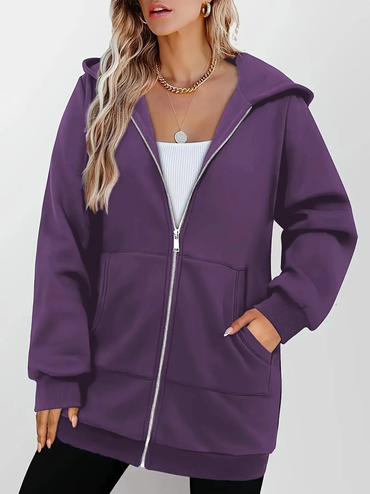 Women's Longline Hooded Zip Jacket With Deep Pockets-Women's Coats & Jackets-Bellmaren-Purple-S-My Store