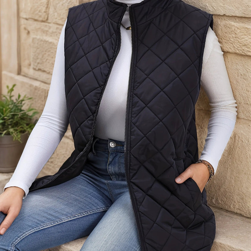 Women's Diamond-Quilted Longline Gilet – Full Zip, Pockets