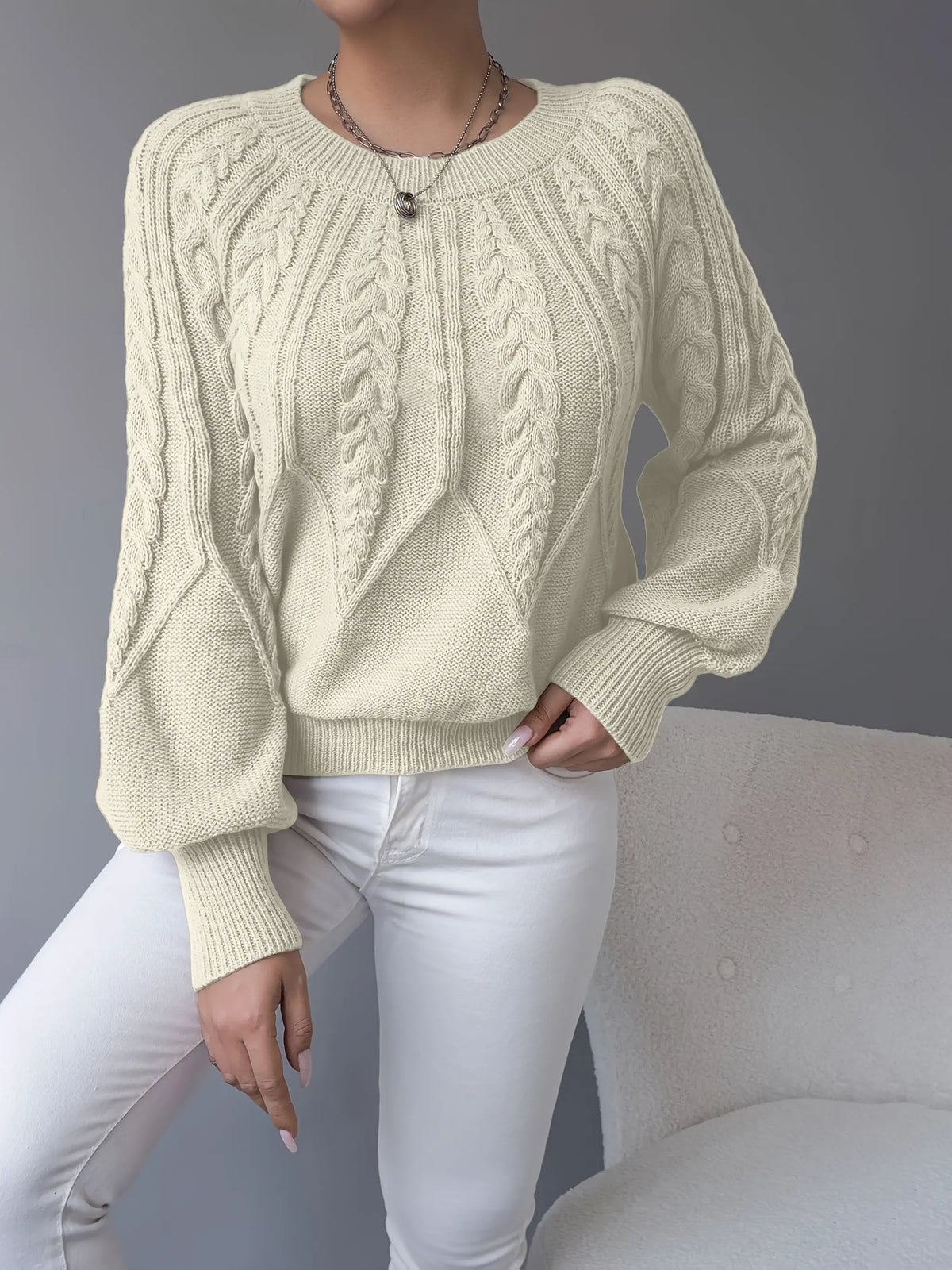 Women's Classic Cable-Knit Lantern-Sleeve Pullover Jumper-Women's Sweaters-Bellmaren-Khaki-S-My Store