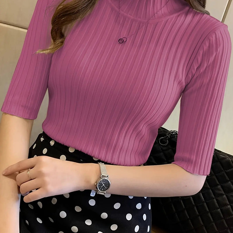 Women's Ribbed Mock Neck Top – Mid-Length Sleeves, Slim Fit