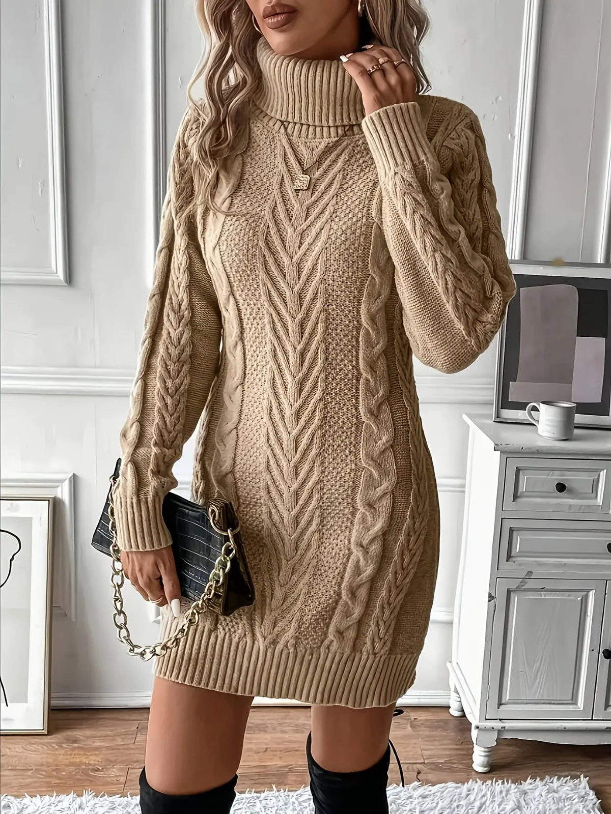 Women's Cable Knit Turtleneck Sweater Dress-Women's Dresses-Bellmaren-Khaki-S-My Store