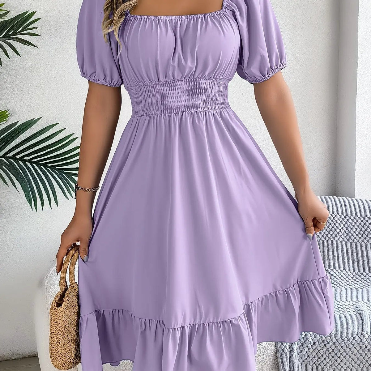 Women's Square Neck Ruffle Hem A-Line Dress-Women's Dresses-Bellmaren-Light Purple-S-My Store