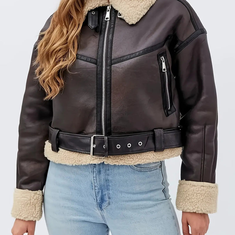 Women's Cropped Moto Jacket – Plush Lined, Belted Waist