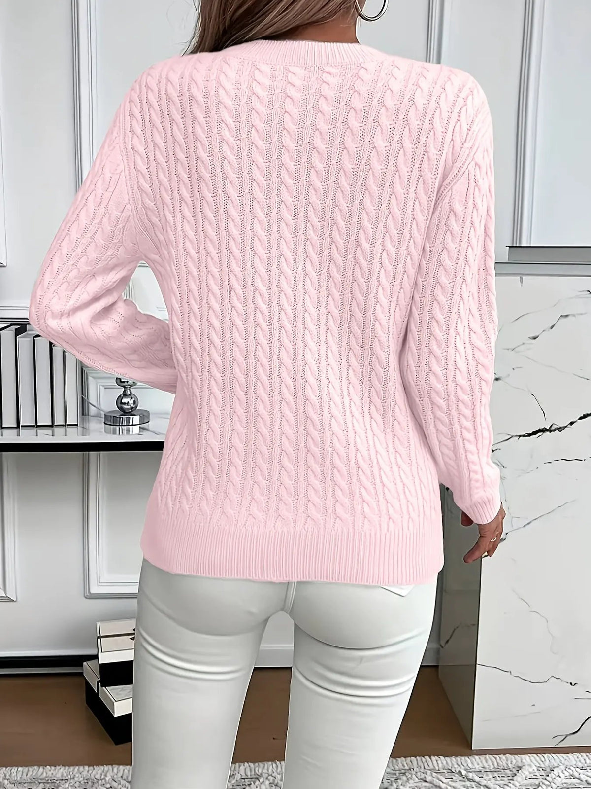 Women's Cable Knit Round Neck Jumper Relaxed Silhouette-Women's Sweaters-Bellmaren-Light Green-S-My Store