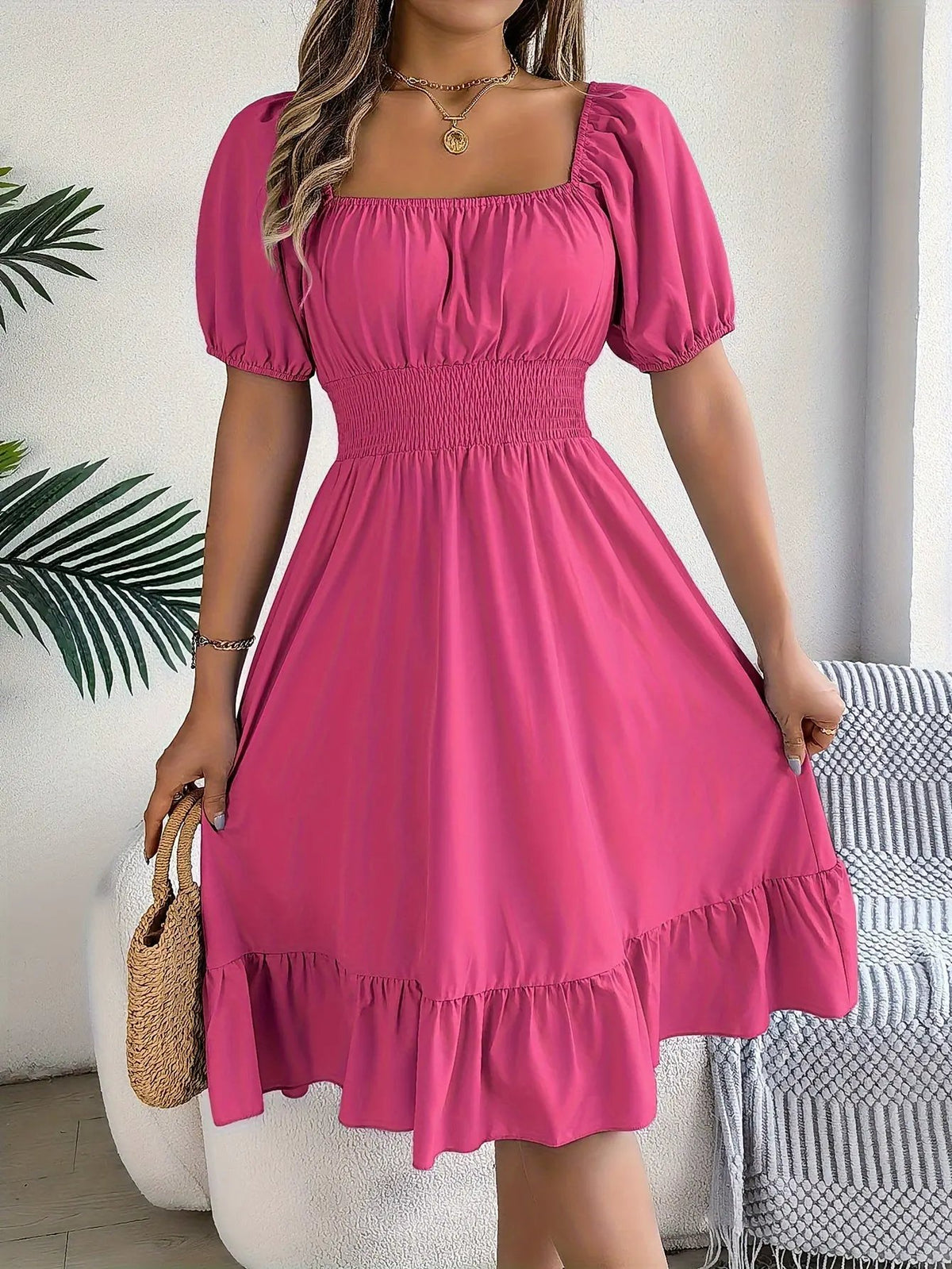 Women's Square Neck Ruffle Hem A-Line Dress-Women's Dresses-Bellmaren-Sky Blue-S-My Store