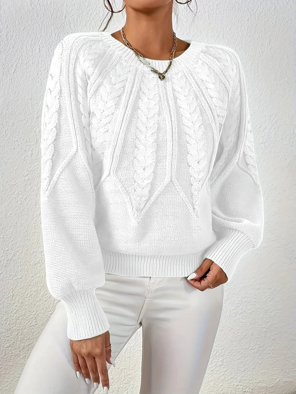 Women's Cable Knit Round Neck Sweater with Raglan Sleeves-Women's Sweaters-Bellmaren-Matcha-S-My Store