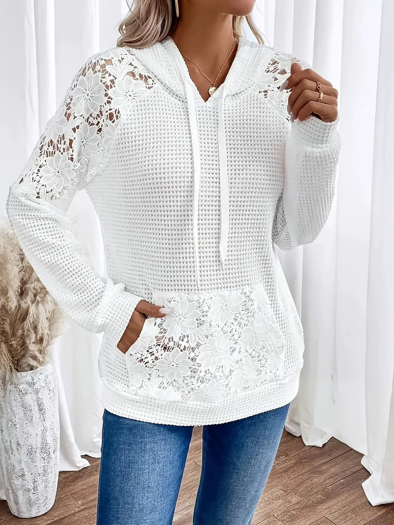 Women's Waffle Hoodie – Openwork Floral Trim, Relaxed Fit