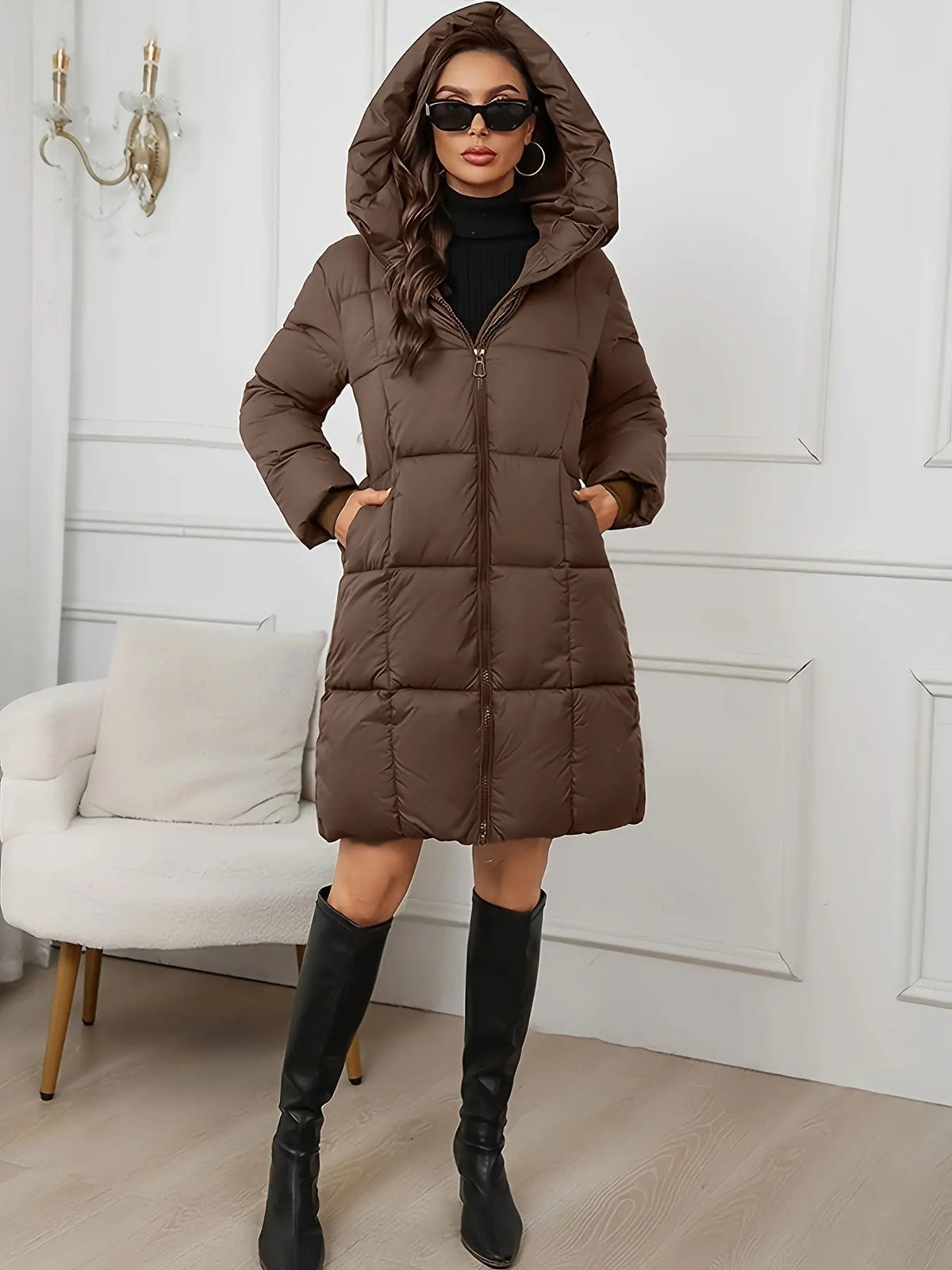 Women's Hooded Longline Quilted Puffer Coat-Women's Coats & Jackets-Bellmaren-Reddish Brown-S-My Store