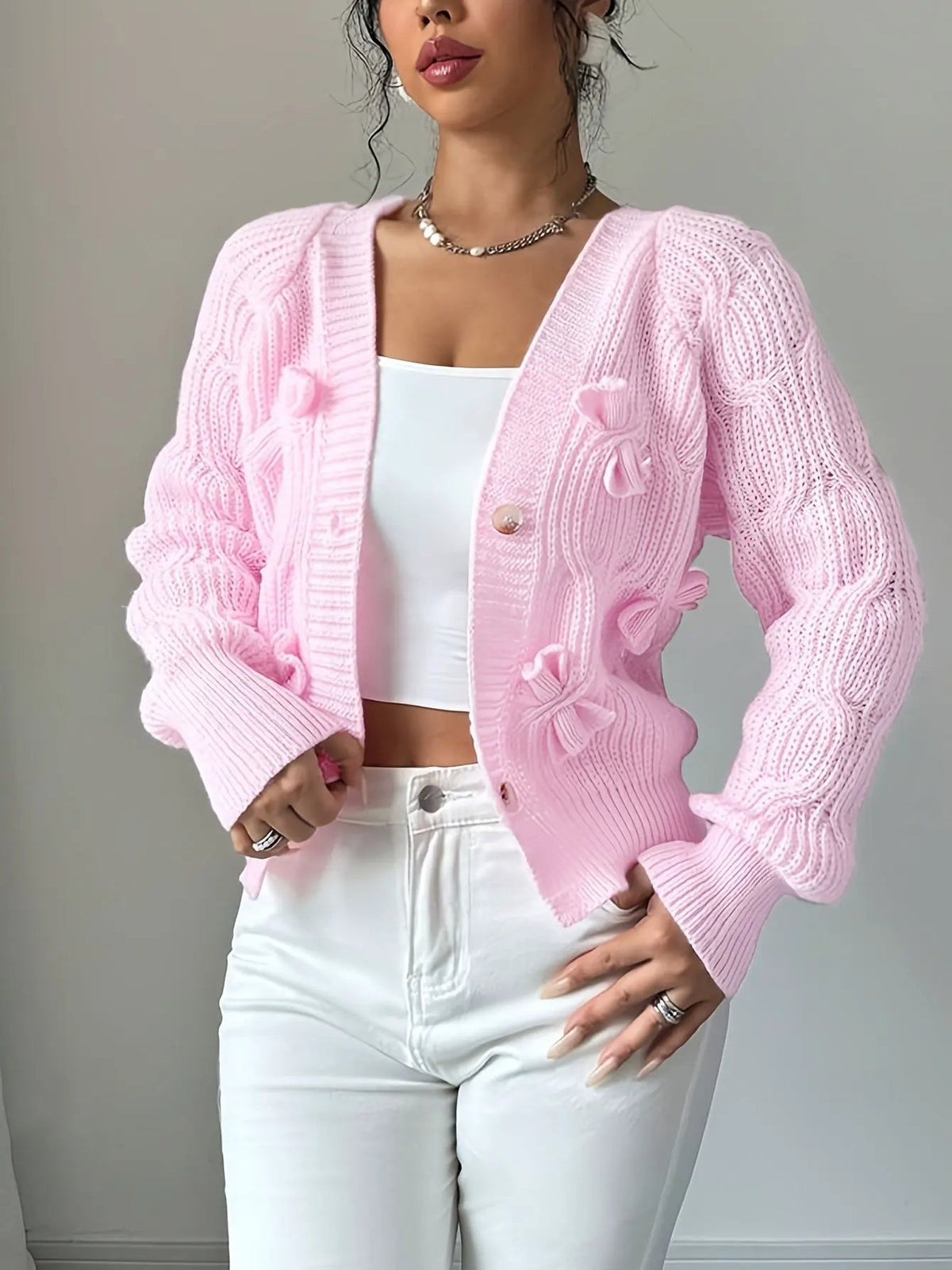 Women's Bow-Detail Long Sleeve Button Cardigan-Women’s Cardigans-Bellmaren-Pink-S-My Store