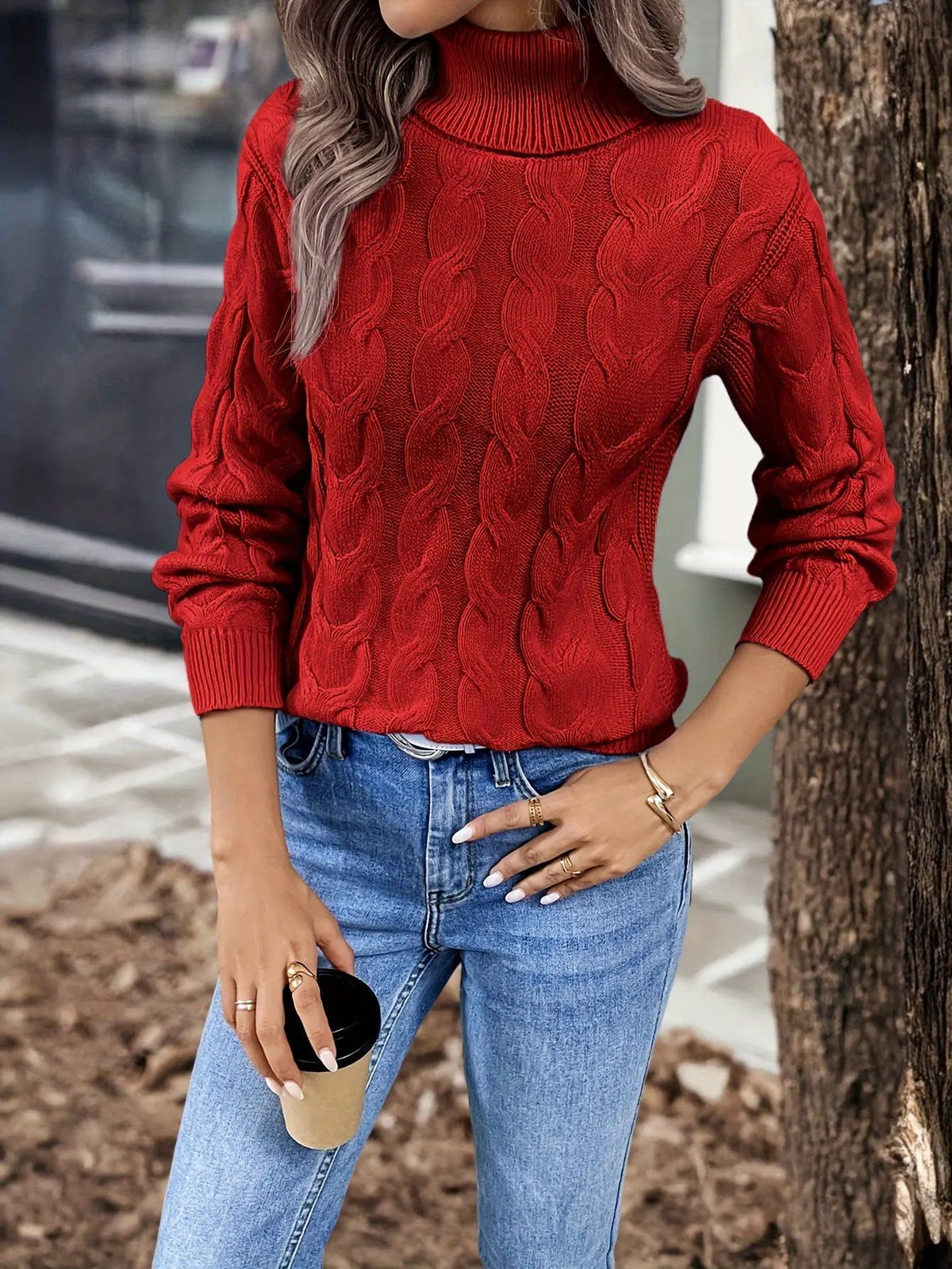 Women's Cable Knit Turtleneck Jumper in Relaxed Fit-Women's Sweaters-Bellmaren-Red-S-My Store