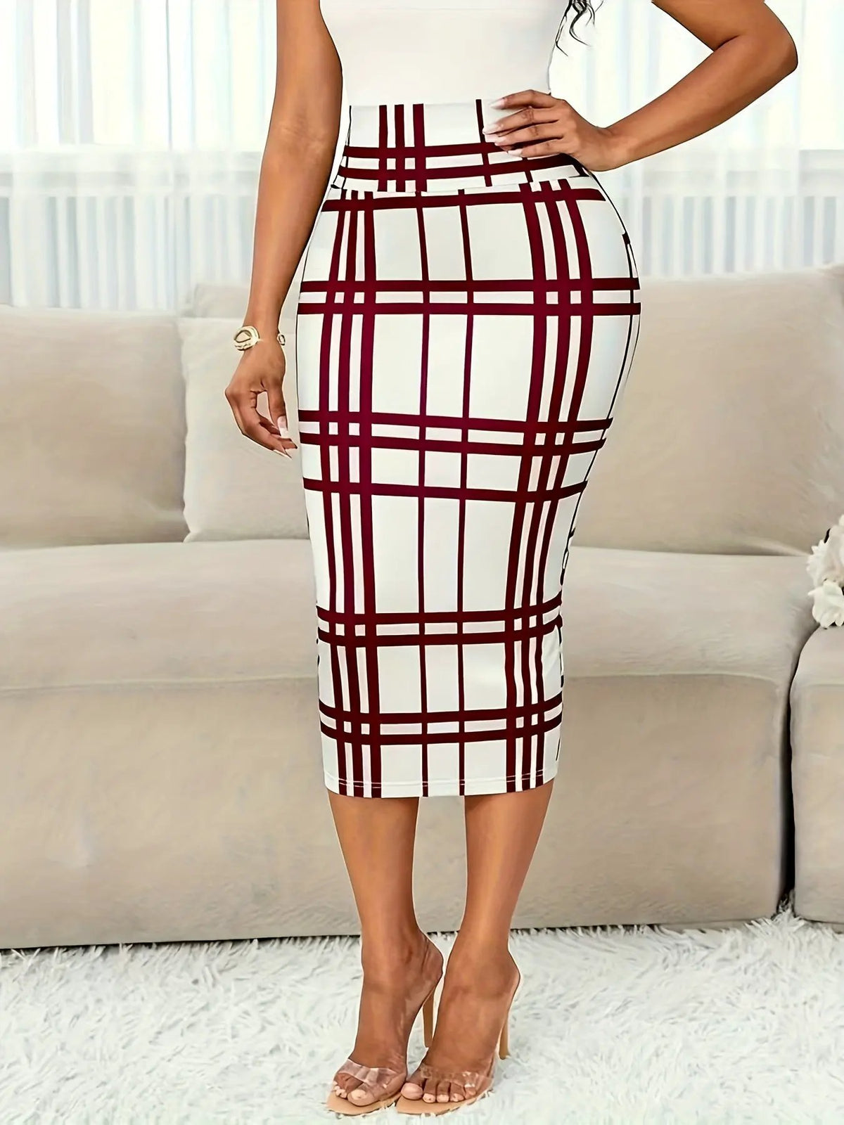 Women's Plaid Pencil Skirt - Tailored Stretch Fit-Women's Skirts-Bellmaren-White-XS-My Store