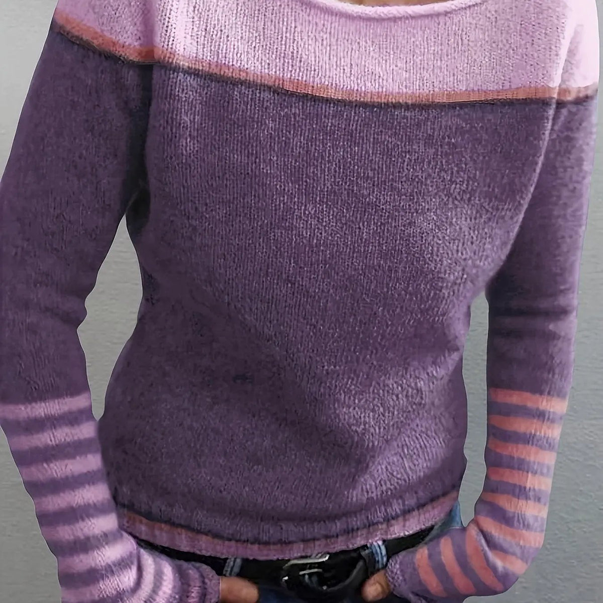 Women's Colour-Block Boat Neck Sweater With Relaxed Fit by Bellmaren