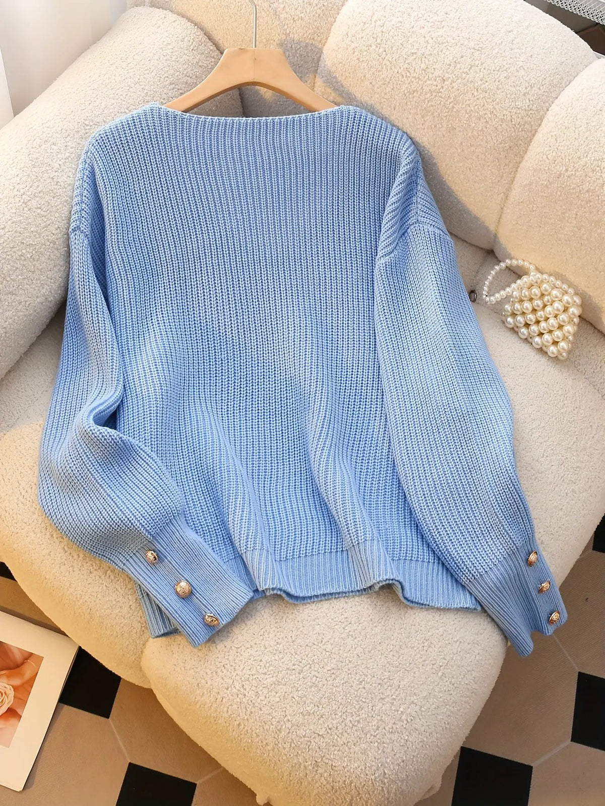 Women's Ribbed V-Neck Sweater with Button Cuffs by Bellmaren
