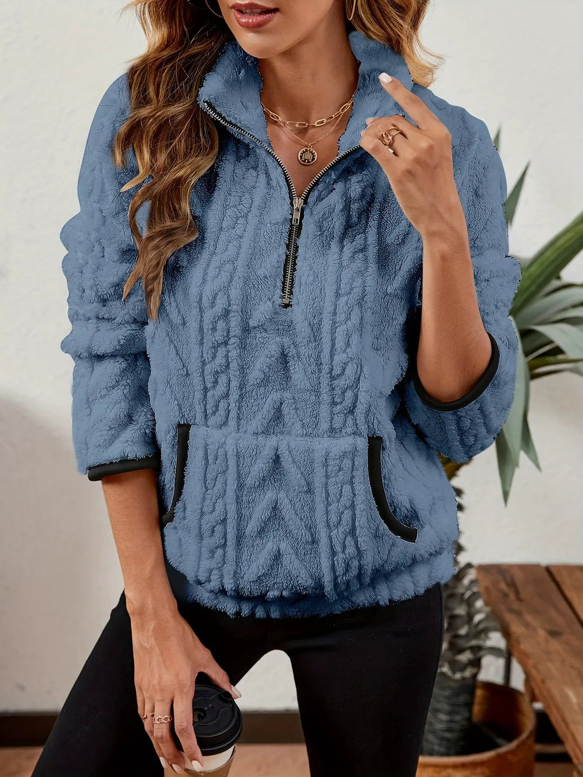 Textured Women's Half Zip Pullover Kangaroo Pocket-Women's Sweaters-Bellmaren-Burgundy-S-My Store