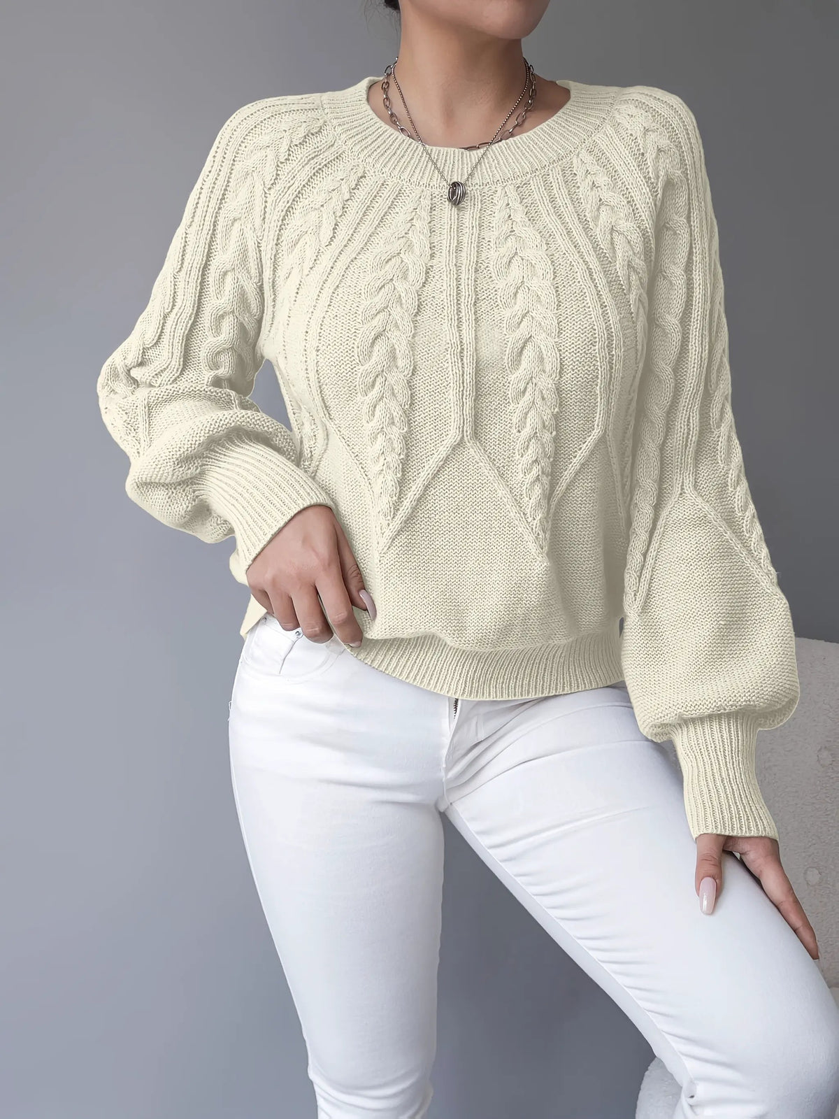 Women's Classic Cable-Knit Lantern-Sleeve Pullover Jumper-Women's Sweaters-Bellmaren-Khaki-S-My Store