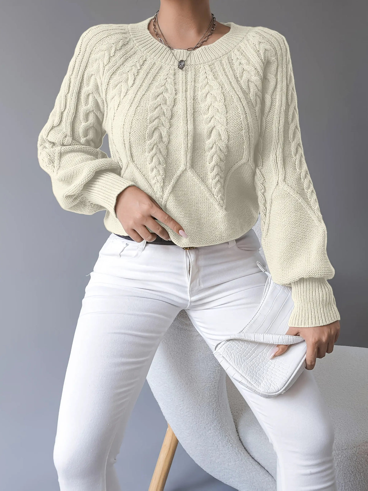 Women's Classic Cable-Knit Lantern-Sleeve Pullover Jumper-Women's Sweaters-Bellmaren-Khaki-S-My Store