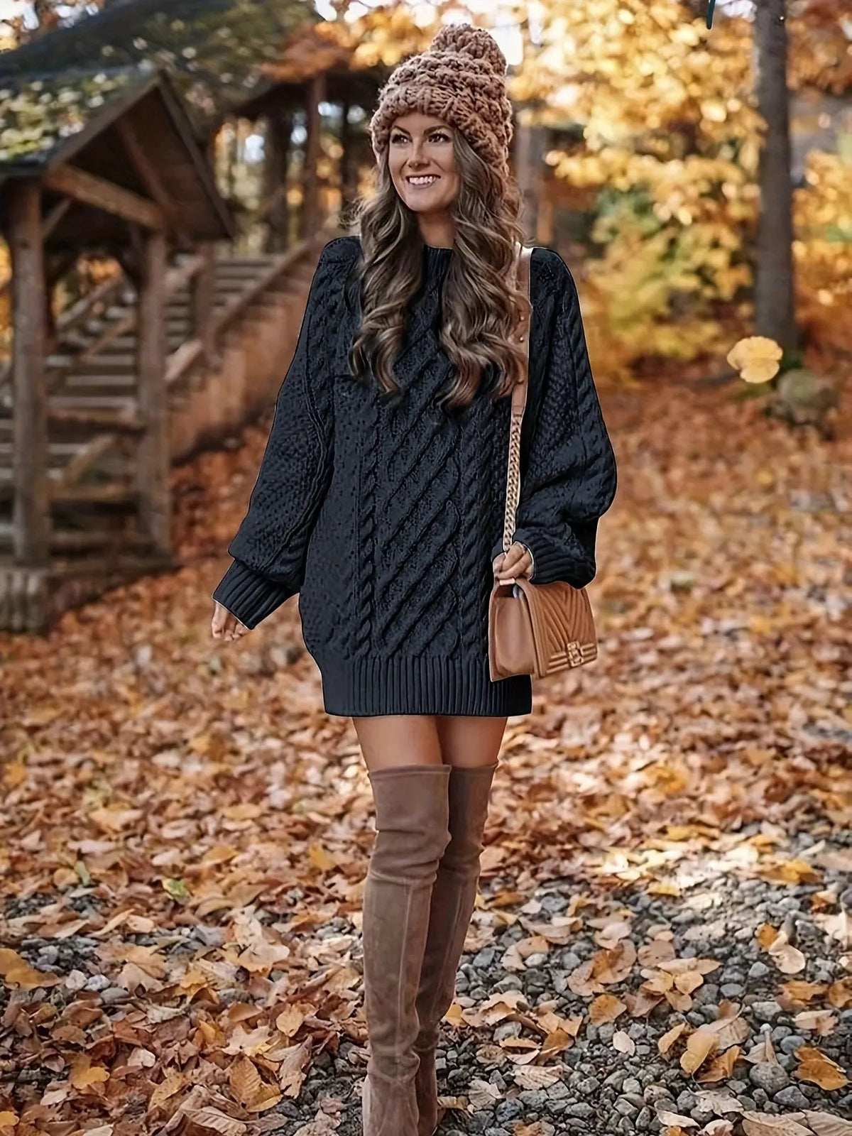 Women's Cable-Knit Sweater Dress Crew Neck Relaxed Silhouette-Women's Dresses-Bellmaren-Black-S-My Store