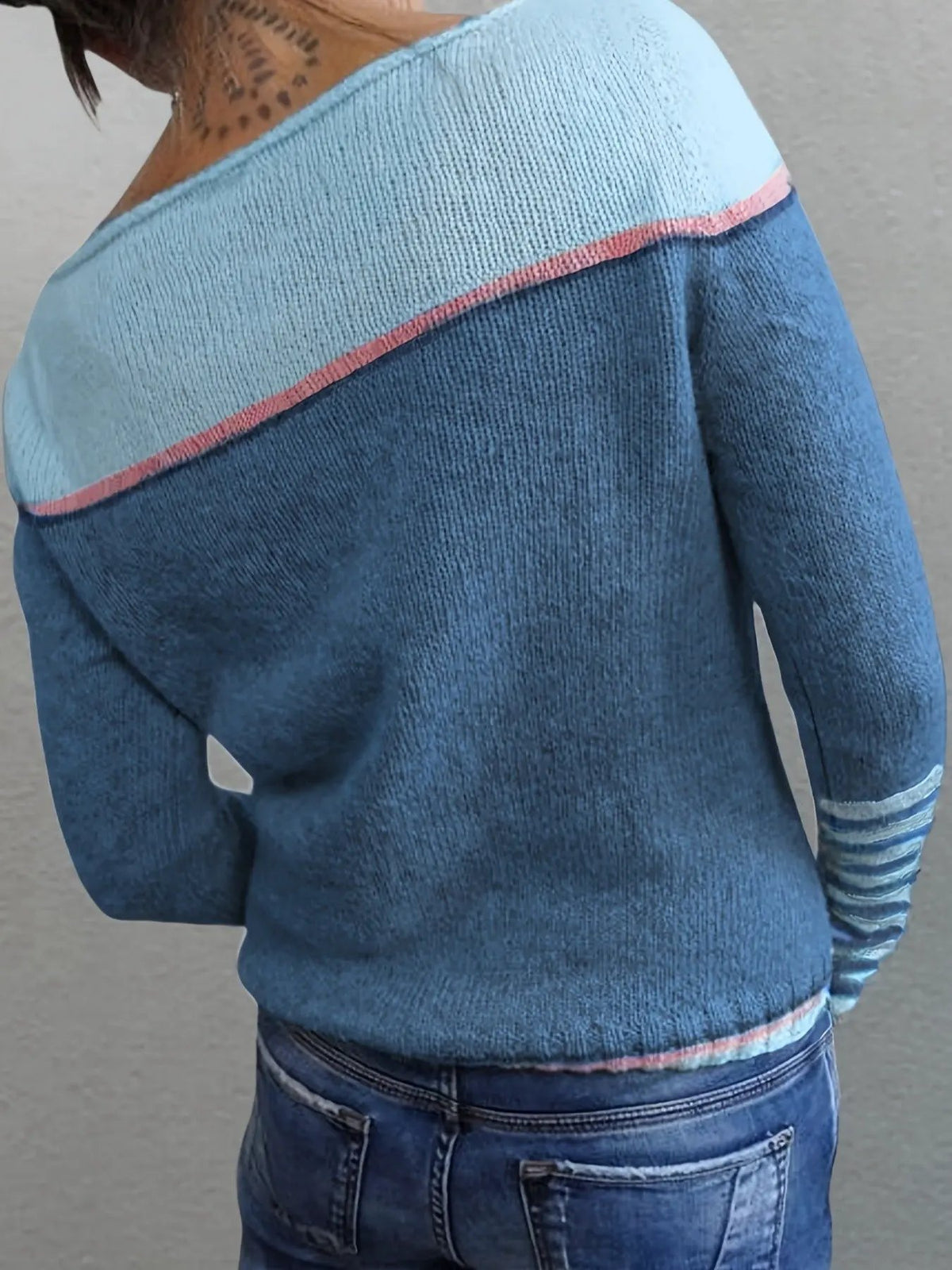 Women's Colour-Block Boat Neck Sweater With Relaxed Fit by Bellmaren