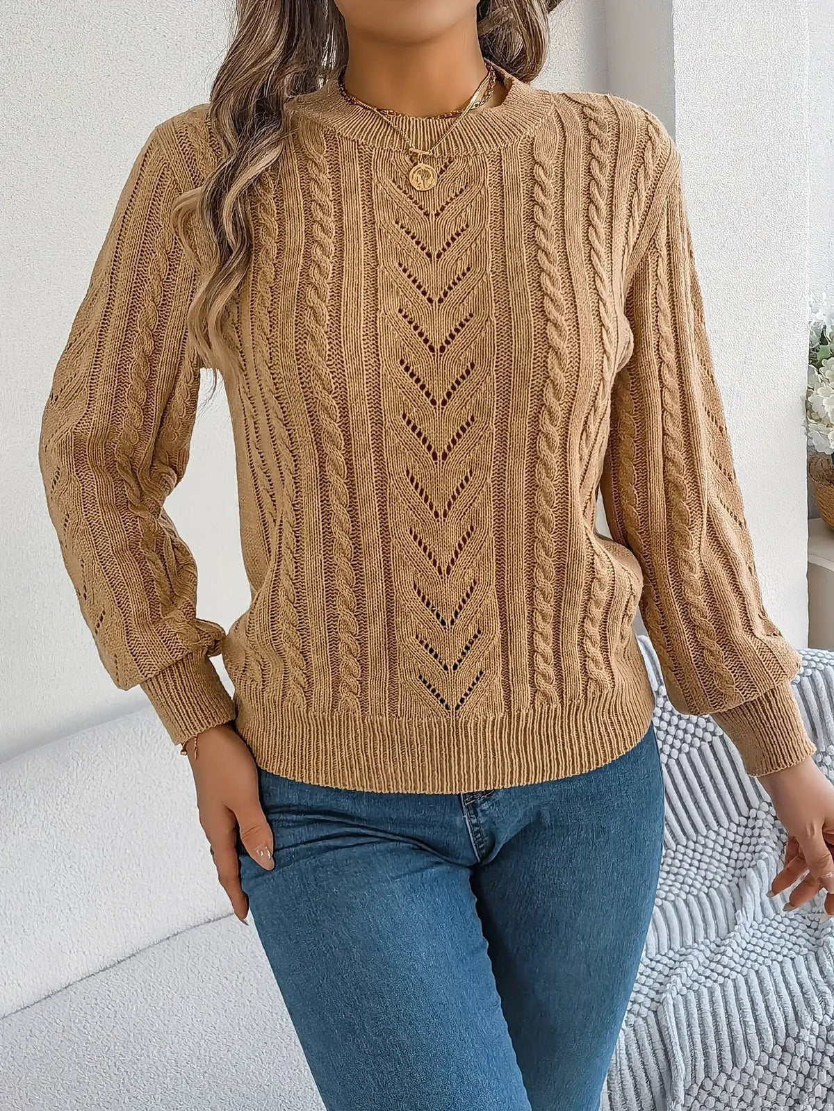 Women's Cable Knit Textured Sweater with Openwork Detailing-Women's Sweaters-Bellmaren-Khaki-S-My Store
