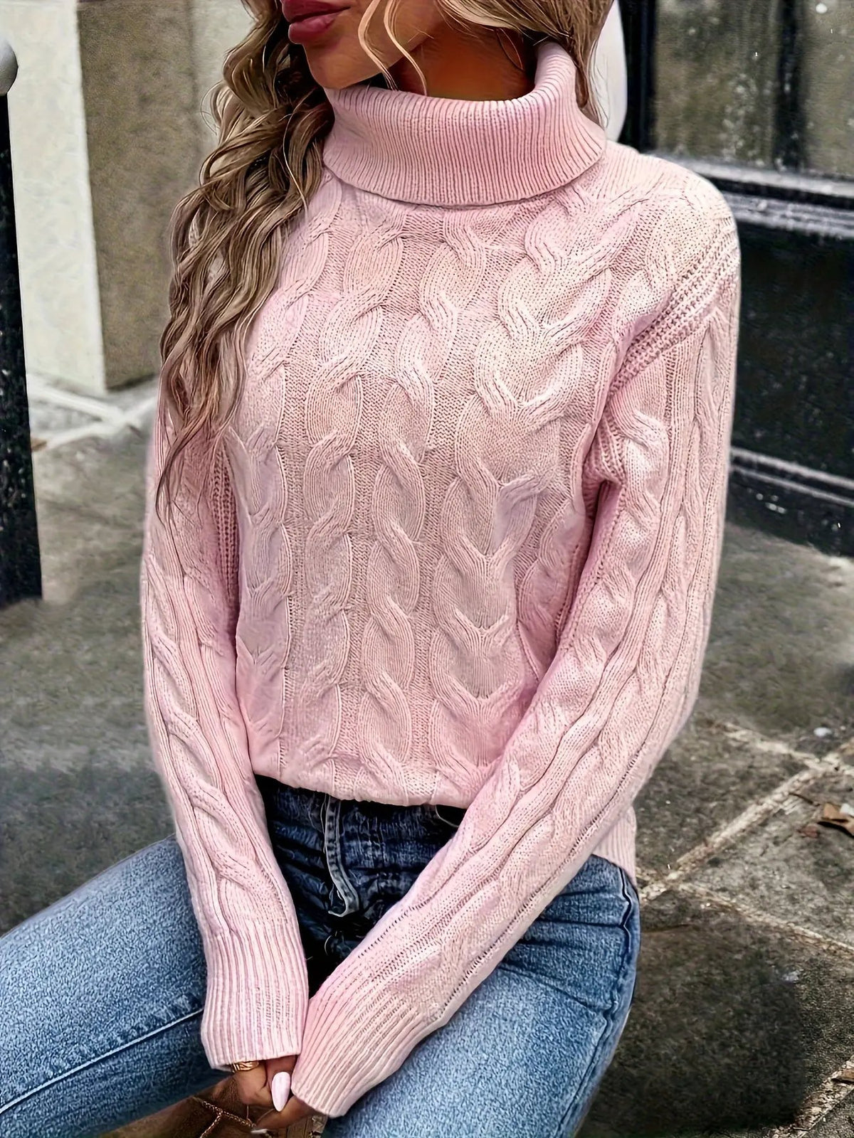 Women's Cable Knit Turtleneck Jumper in Relaxed Fit-Women's Sweaters-Bellmaren-Red-S-My Store