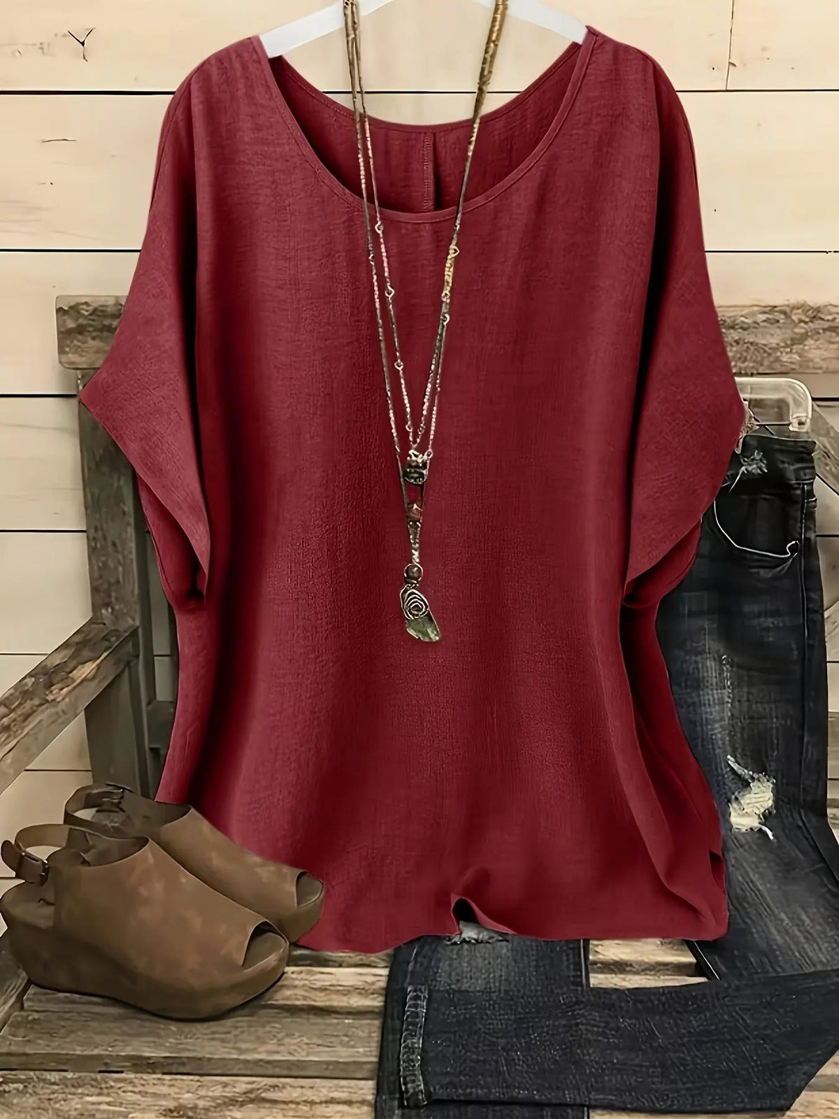 Women's Flowy Batwing Blouse With Rounded Neck-Women's Tops-Bellmaren-Red-S-My Store