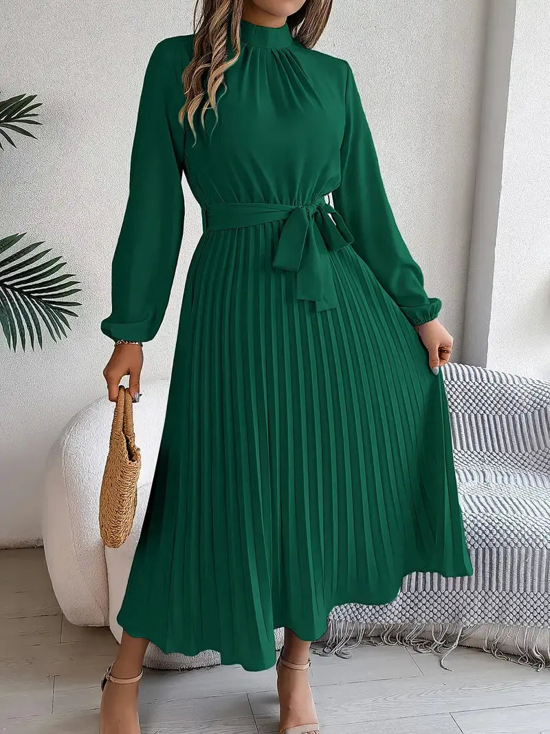 Women's Long-Sleeve Belted Pleated Midi Dress by Bellmaren