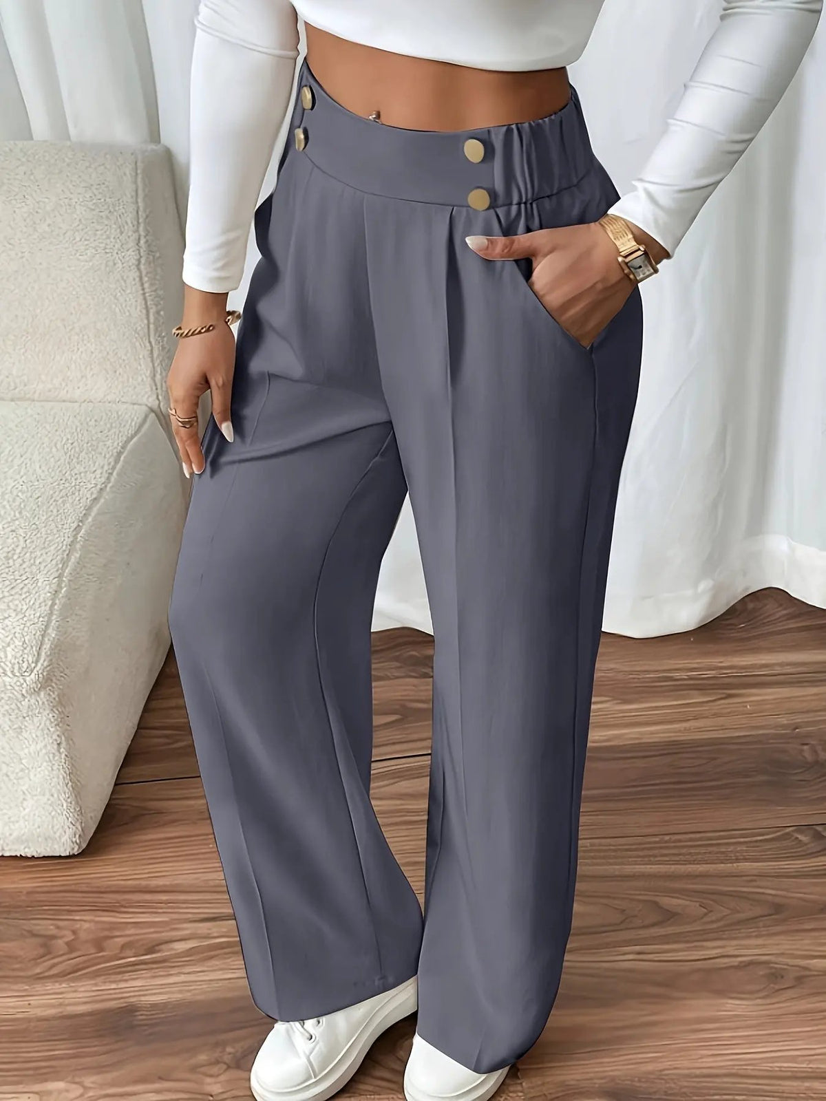 Women's Tailored Wide-Leg Trousers with Elastic High Waist-Women's Trousers-Bellmaren-Apricot-S-My Store