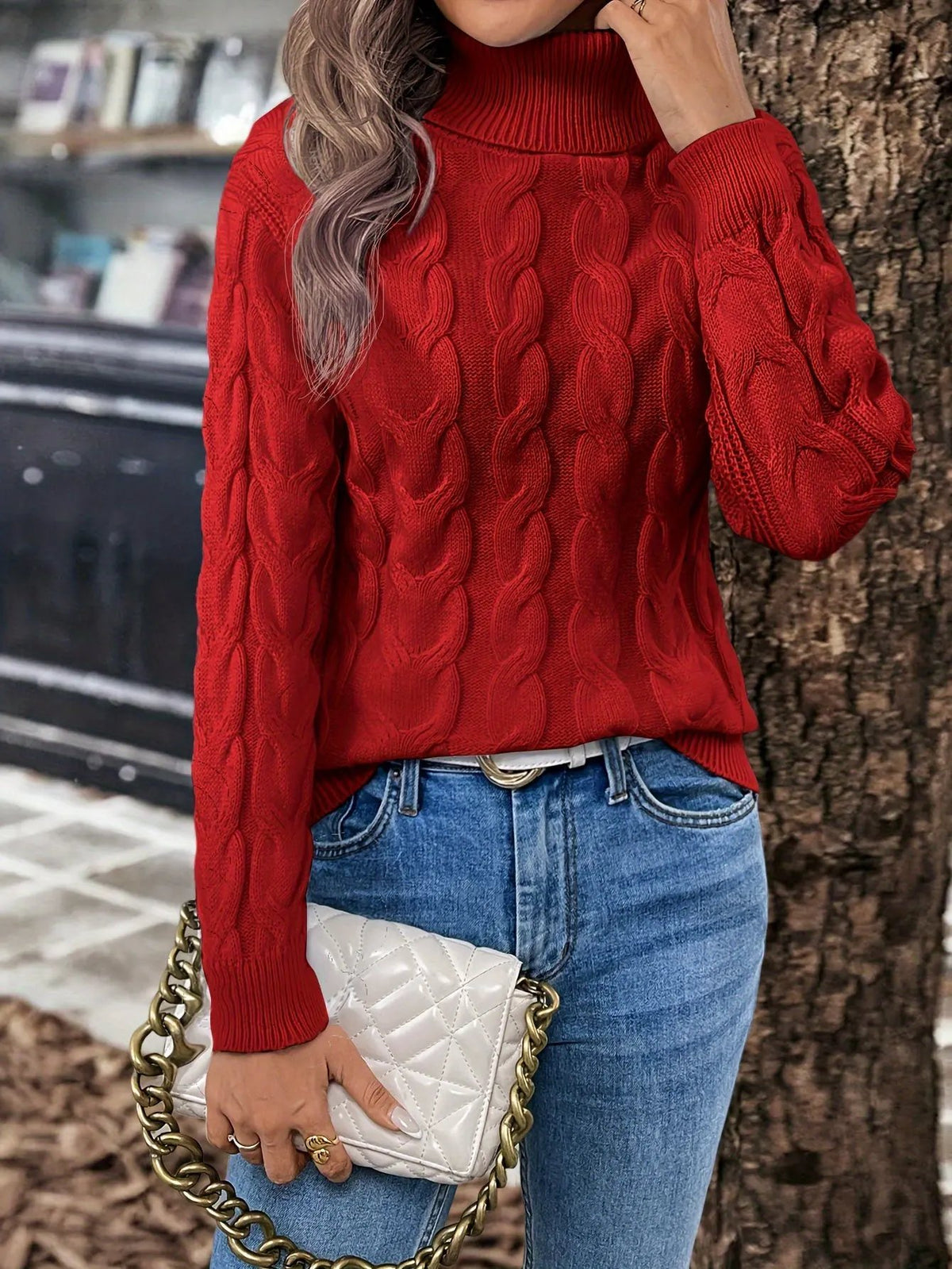 Women's Cable Knit Turtleneck Jumper in Relaxed Fit-Women's Sweaters-Bellmaren-Red-S-My Store