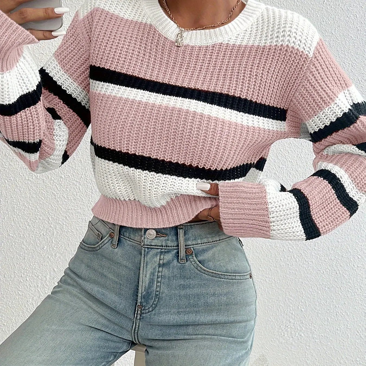 Women's Colour-block Stripe Sweater in Relaxed Fit-Women's Sweaters-Bellmaren-Pink-S-My Store
