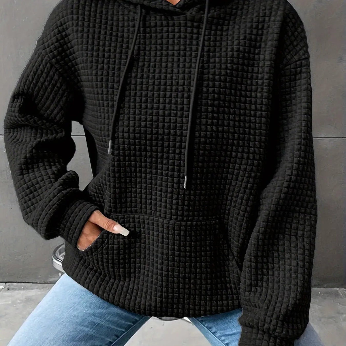 Women's Textured Hooded Top With Front Pouch-Women's Hoodies-Bellmaren-Black-XL-My Store